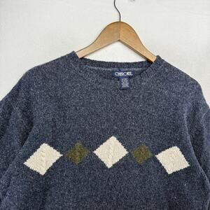 Vintage Cherokee Sweater Men's Medium Blue Diamond Golf Preppy Cricket Wool 90s